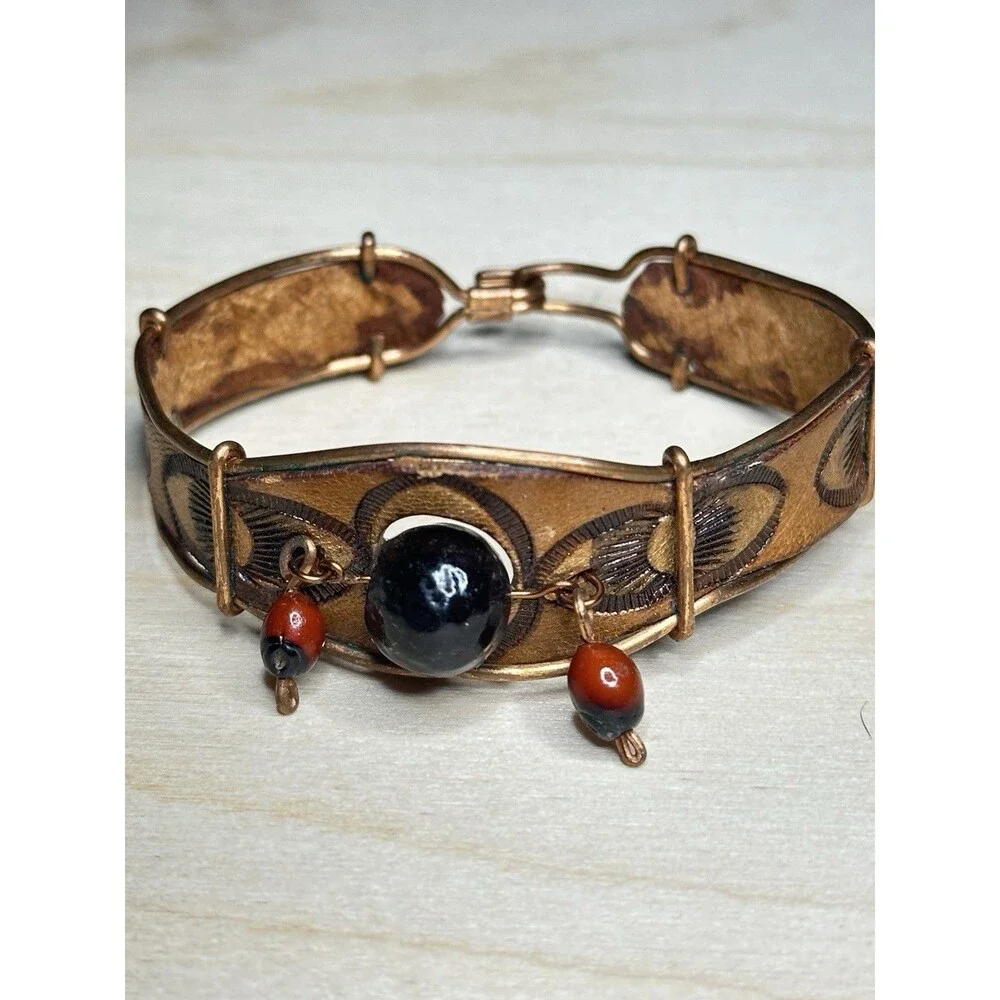 Handmade Artisan Huayruro Seed Leather Copper Wire Bracelet Cuba Bead Dangle
